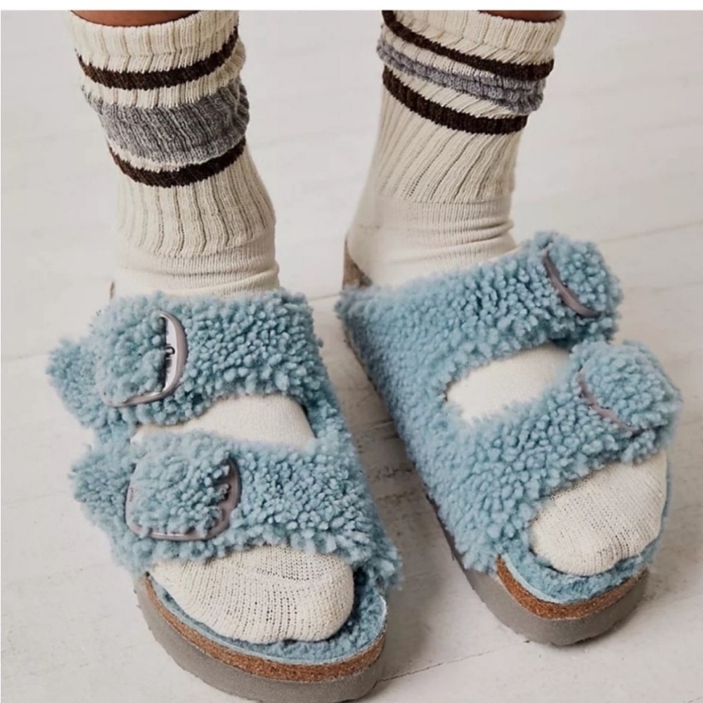 Birkenstock Free People Papillio Sandals Womens US 7 Sherpa Big Buckle Blue - Picture 1 of 13